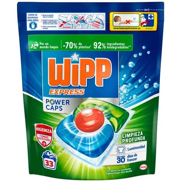 Detergente en cápsulas anti olores WIPP POWER, bolsa 33 dosis - 33 ud - Imagen del producto en Findit