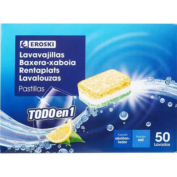Pastillas lavavajillas Todo en 1 limón EROSKI, caja 50 dosis - 50 ud - Imagen del producto en Findit