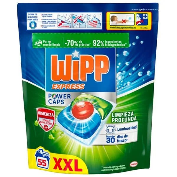 Detergente en cápsulas anti olores WIPP POWER, bolsa 55 dosis - 55 ud - Imagen del producto en Findit