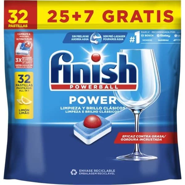 Lavavajillas limón FINISH TODO EN 1, bolsa 25+7 dosis - 1 ud - Imagen del producto en Findit