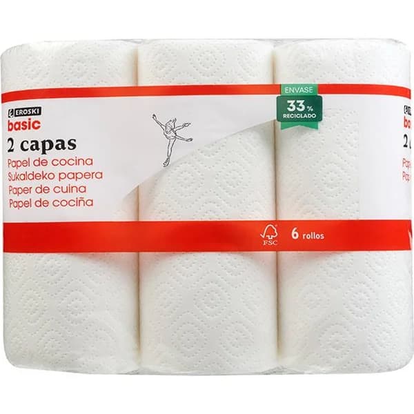 Papel de cocina blanco EROSKI BASIC, paquete 6 rollos - 6 ud - Imagen del producto en Findit
