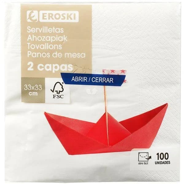 Servilleta blanca 2 capas EROSKI, paquete 100 uds. - 1 ud - Imagen del producto en Findit