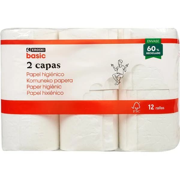 Papel higiénico 2 capas EROSKI BASIC, paquete 12 rollos - 12 ud - Imagen del producto en Findit