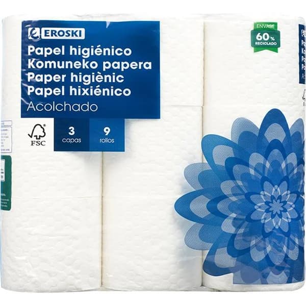 Papel higiénico acolchado EROSKI, paquete 9 rollos - 9 ud - Imagen del producto en Findit