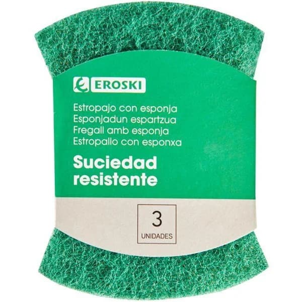 Estropajo verde con esponja EROSKI, pack 3 uds - 3 ud - Imagen del producto en Findit