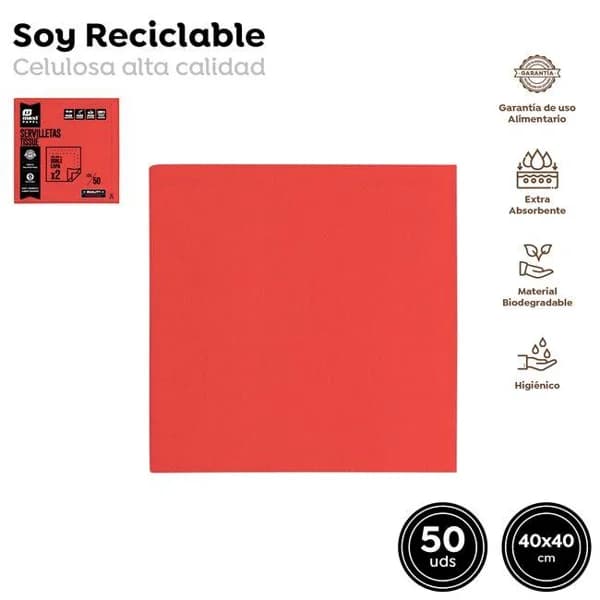 Servilleta de papel roja, doble capa, 40x40 cm MAXI, pack 50 uds - 50 ud - Imagen del producto en Findit