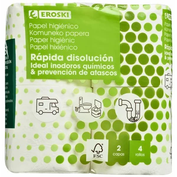 Papel higiénico rápida disolución EROSKI, paquete 4 rollos - 1 ud - Imagen del producto en Findit