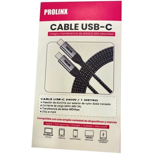 Cable de carga y transferencia USB-C a USB-C 240W, 5A nylon negro PROLINX, 1 metro - 1 ud - Imagen del producto en Findit
