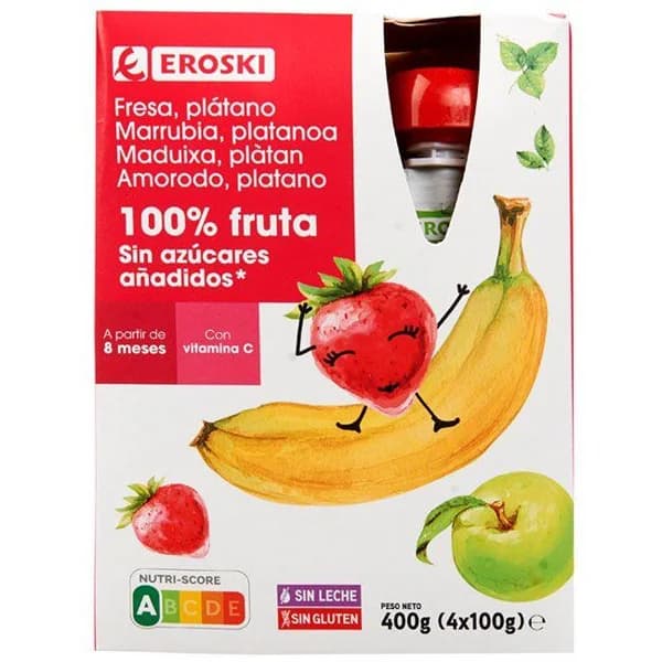 Bolsitas 100% fresa-plátano sin azúcar EROSKI, pack 4x100 g - 0.4 kg - Imagen del producto en Findit
