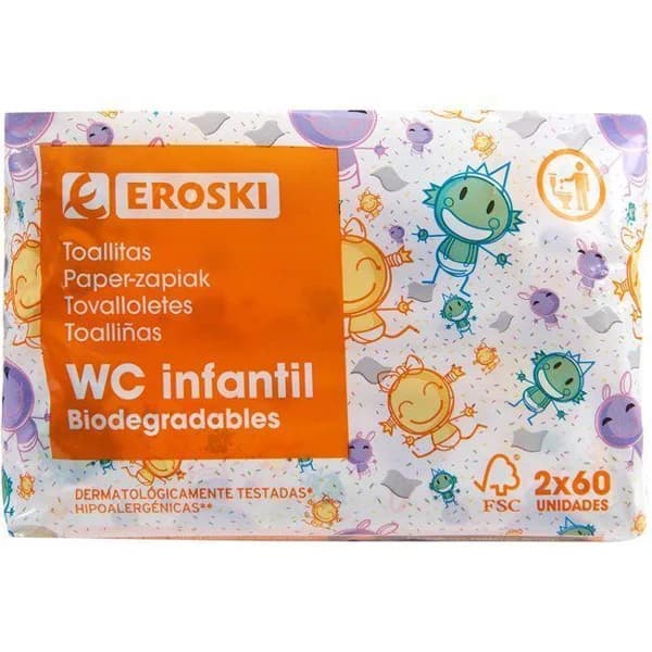 Toallitas wc infantil biodegradable EROSKI, pack 2x60 uds. - 1 ud - Imagen del producto en Findit