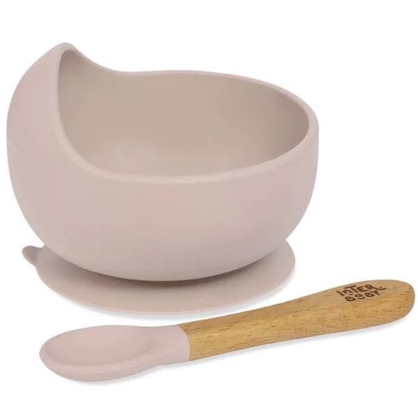 Cuenco de silicona rosa con ventosa y cuchara con mango madera de haya INTERBABY - 1 ud - Imagen del producto en Findit