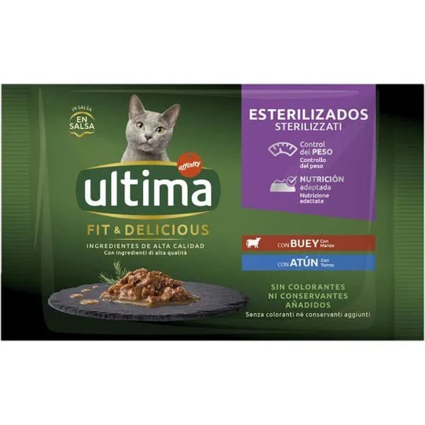 Alimento húmedo de buey&atún gato esterili. ULTIMA, bolsa 340 g - 0.34 kg - Imagen del producto en Findit