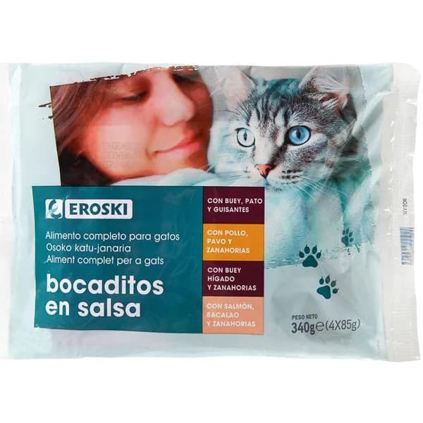 Bocaditos en salsa pouches para gato EROSKI, pack 4x85 g - 0.34 kg - Imagen del producto en Findit