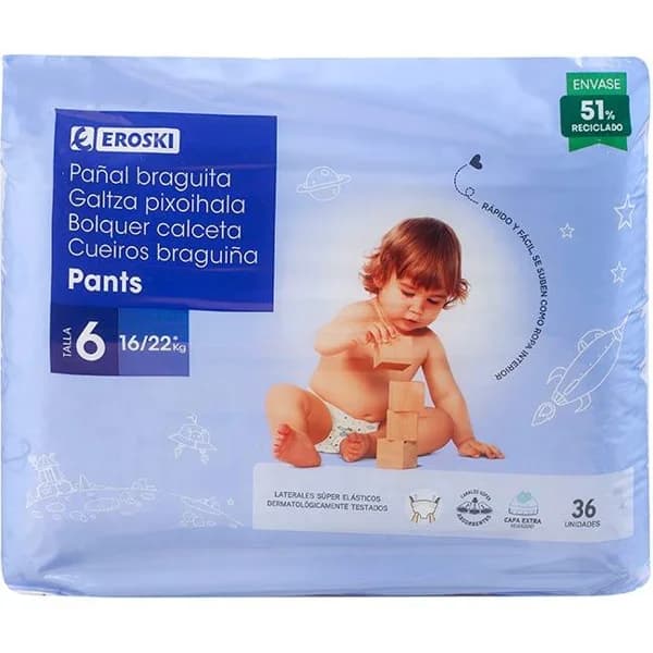 Pants canal absorbente 16-22 kg Talla 6 EROSKI paquete 36 uds - 36 ud - Imagen del producto en Findit