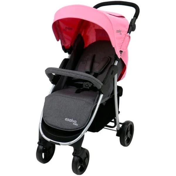 Silla paseo América rosa con chasis de acero.  Freno trasero único, capota con visera, reposapiés graduable, ruedas extraibles con suspensión en las cuatro, respaldo multiposición y cestón. Peso máximo recomendado 15kg ASALVO, 103x51x81,5 cm - 1 ud - Imagen del producto en Findit