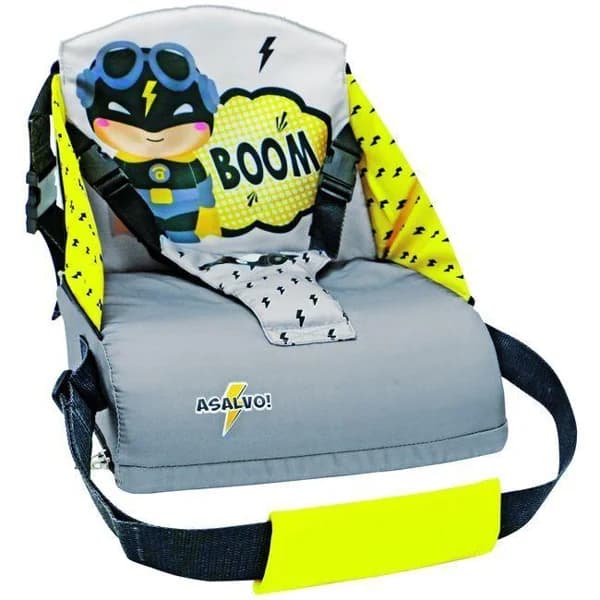 Trona de viaje con bolsillo y arnés de seguridad. Textil de alta densidad, altura respaldo 25cm. Para niños que se mantengan solos hasta 15kg ASALVO - 1 ud - Imagen del producto en Findit