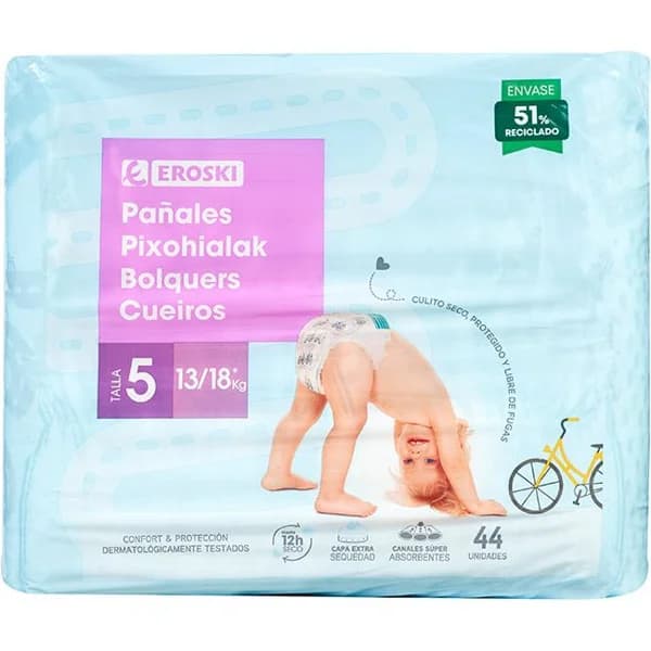 Pañal canal absorbente 13-18 kg Talla 5 EROSKI, paquete 44 uds - 44 ud - Imagen del producto en Findit