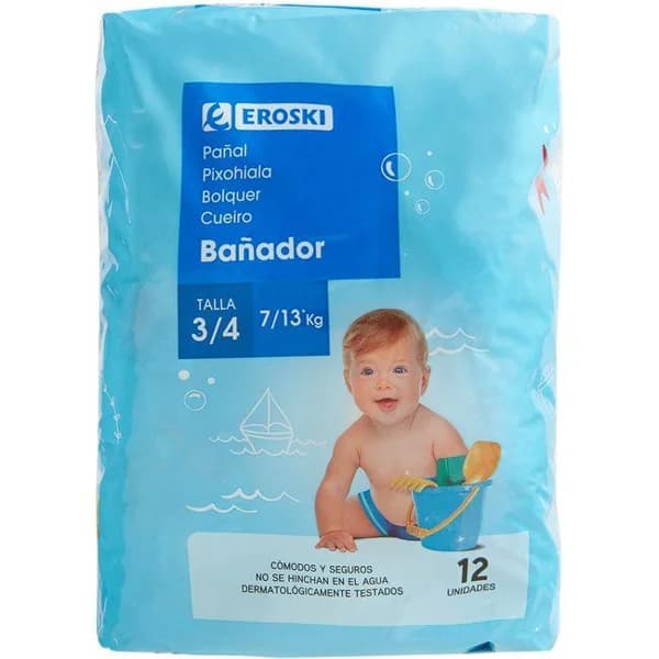 Pañal bañador 7-13 kg Talla 3-4 EROSKI, paquete 12 uds - 12 ud - Imagen del producto en Findit