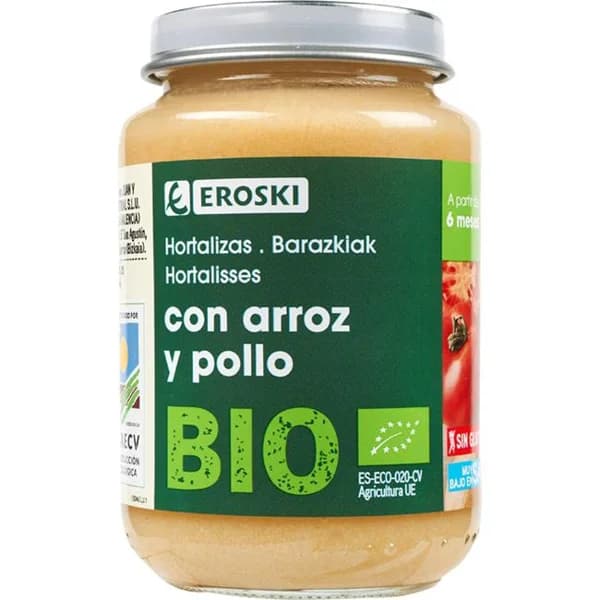 Tarrito de pollo con arroz EROSKI BIO, tarro 200 g - 0.2 kg - Imagen del producto en Findit
