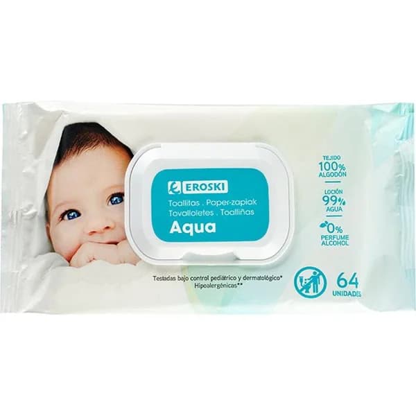 Toallitas bebé aqua EROSKI, paquete 64 uds - 64 ud - Imagen del producto en Findit
