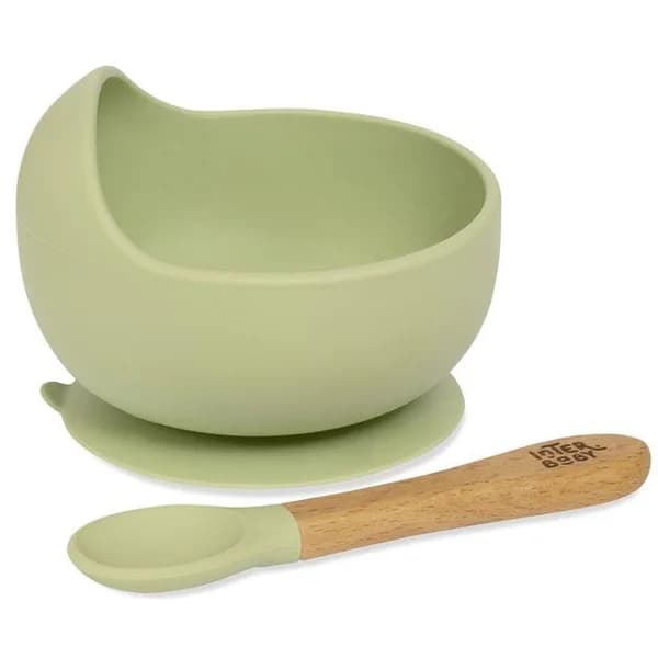 Cuenco de silicona verde agua con ventosa y cuchara mango madera de haya INTERBABY - 1 ud - Imagen del producto en Findit