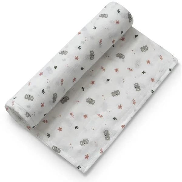 Muselina de bambú natural blanco estampado Koalas hoja rosa INTERBABY, 120x120 cm - 144 m - Imagen del producto en Findit