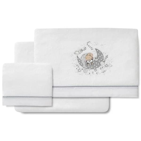 Sábanas Minicuna, coralina blanca gris, oso en luna, 3 piezas INTERBABY, 50x80 cm - 40 m - Imagen del producto en Findit