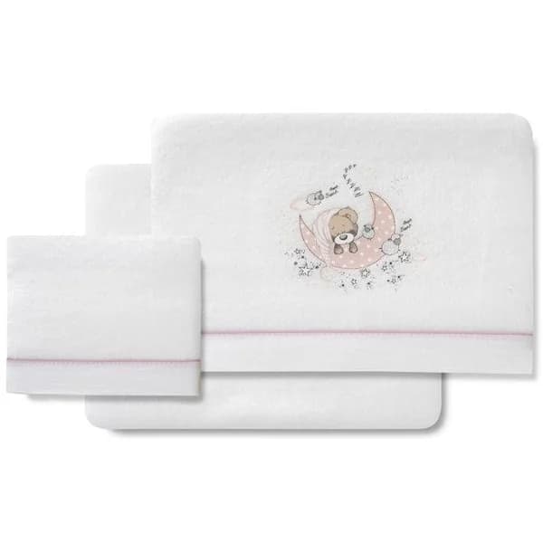 Sábanas Minicuna, coralina blanca rosa, oso en luna, 3 piezas INTERBABY, 50x80 cm - 40 m - Imagen del producto en Findit