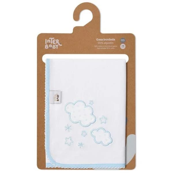 Gasa bordada nubes azules, 100% algodón, Edad rec: +0 meses INTERBABY, 60x65 cm - 39 m - Imagen del producto en Findit