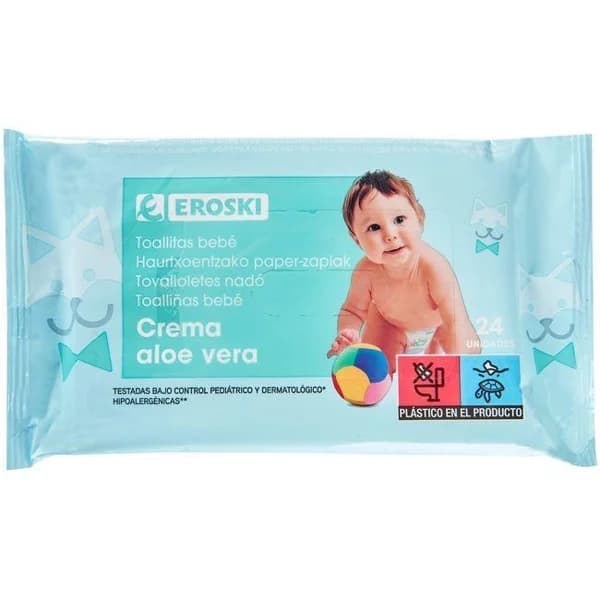 Toallitas aloe vera EROSKI Bebé, paquete 24 uds - 24 ud - Imagen del producto en Findit