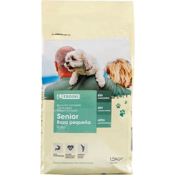 Alimento para perro mini senior EROSKI, saco 1,5 kg - 1 ud - Imagen del producto en Findit