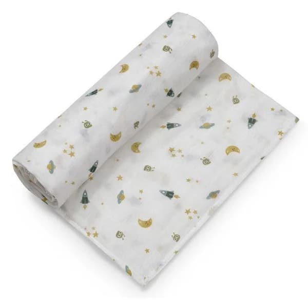 Muselina de bambú natural blanca estampado cohetes INTERBABY, 120x120 cm - 144 m - Imagen del producto en Findit