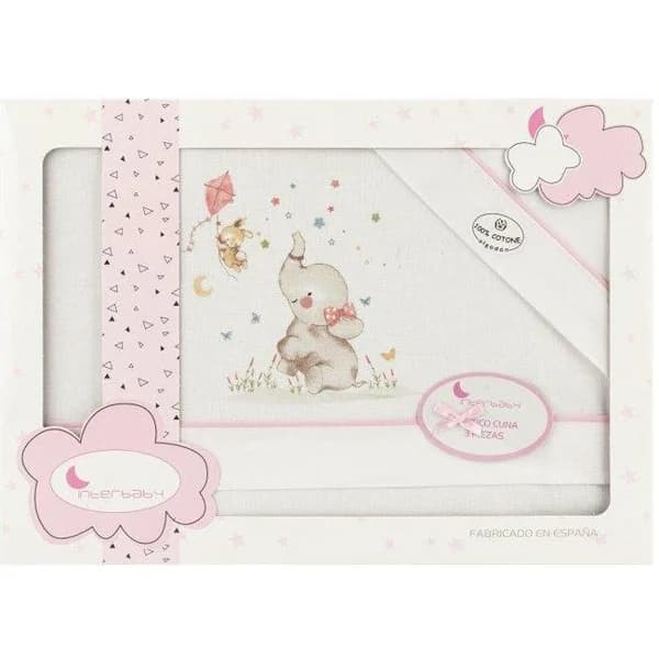 Sábanas de cuna Elefante rosa, 60x120 cm, 3 piezas, 100% algodón INTERBABY, 1 ud - 1 ud - Imagen del producto en Findit