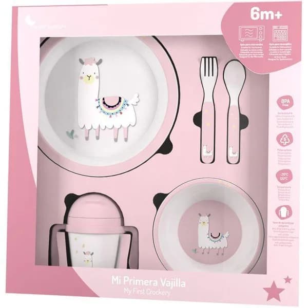 Set vajilla llama, incluye plato llano, cuenco, cuchara, tenedor y taza INTERBABY - 1 ud - Imagen del producto en Findit