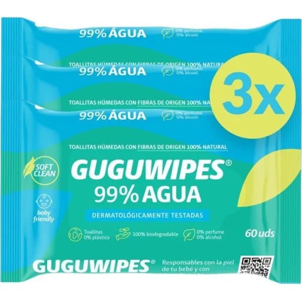 Toallitas húmedas 99% agua GUGUWIPES, pack 3x60 uds - 180 ud - Imagen del producto en Findit