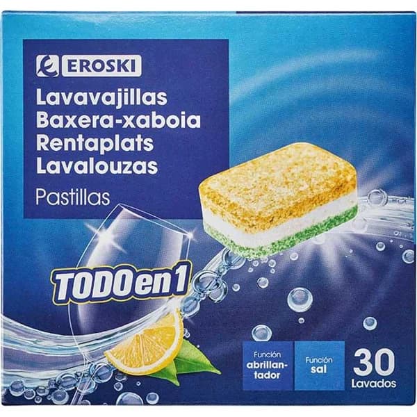 Lavavajillas en pastillas Todo en 1 limón EROSKI, caja 30 uds - 30 ud - Imagen del producto en Findit
