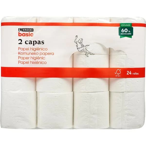 Papel higiénico 2 capas EROSKI BASIC, paquete 24 uds - 24 ud - Imagen del producto en Findit