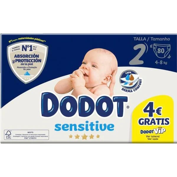 Pañal jumbo 4-8 kg Talla 2 DODOT SENSITIVE, paquete 80 uds - 80 ud - Imagen del producto en Findit