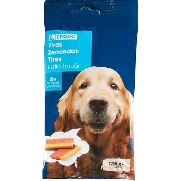 Snack de tiras bacón para perro EROSKI, paquete 125 g - 0.13 kg - Imagen del producto en Findit