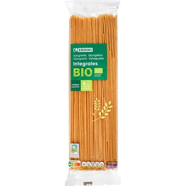 Spaguetti integral bio EROSKI BIO/ECO, paquete 500 g - 0.5 kg - Imagen del producto en Findit
