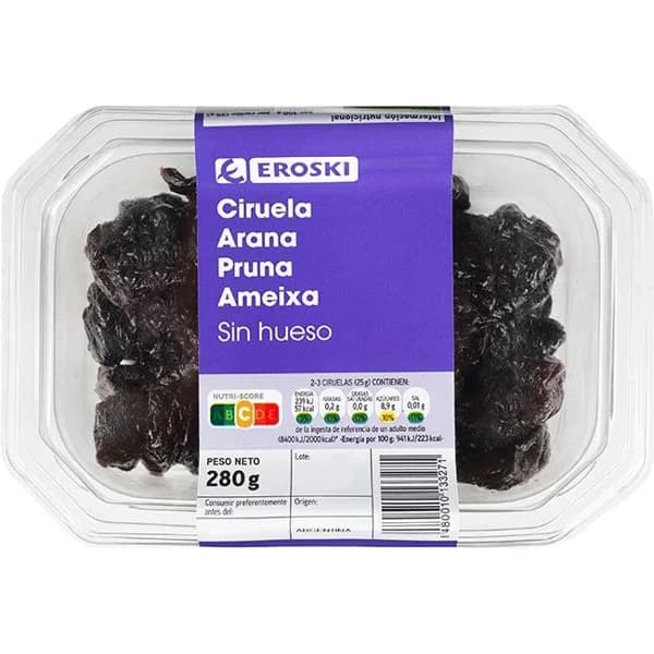 Ciruelas sin hueso EROSKI, tarrina 280 g - 0.28 kg - Imagen del producto en Findit