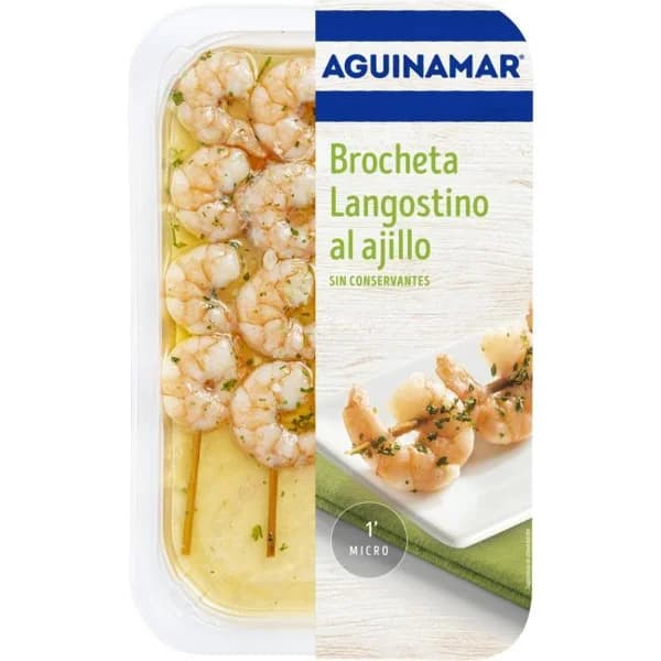 Brocheta de langostino al ajillo AGUINAMAR, bandeja 145 g - 0.15 kg - Imagen del producto en Findit