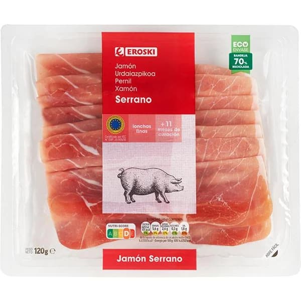 Jamón serrano lonchas finas EROSKI, bandeja 120 g - 1 ud - Imagen del producto en Findit