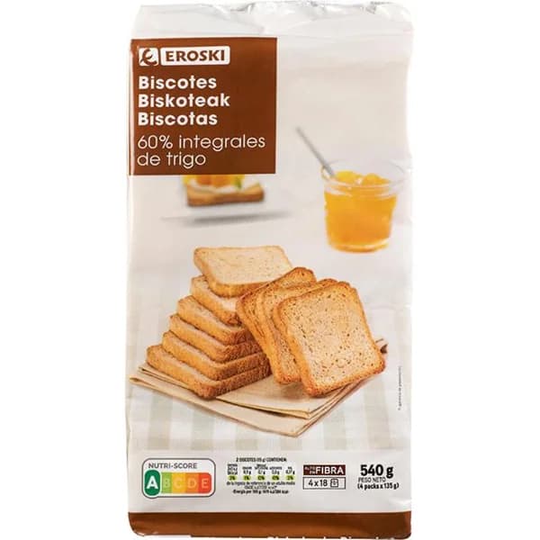 Biscote integral EROSKI, 72 rebanadas, paquete 540 g - 0.54 kg - Imagen del producto en Findit