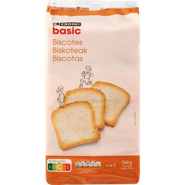 Biscote tradicional EROSKI BASIC, 72 rebanadas, paquete 540 g - 0.54 kg - Imagen del producto en Findit