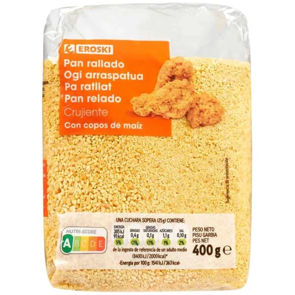 Pan rallado crujiente con copos de maíz EROSKI, paquete 400 g - 0.4 kg - Imagen del producto en Findit