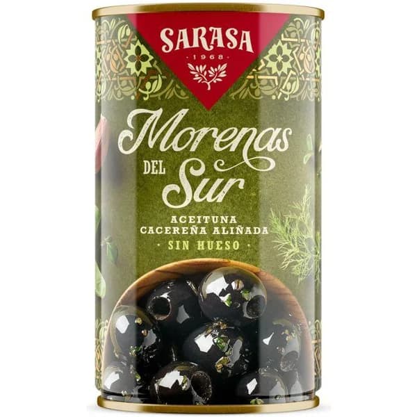 Aceitunas morenas del Sur sin hueso en aceite SARASA, lata 150 g - 0.15 kg - Imagen del producto en Findit