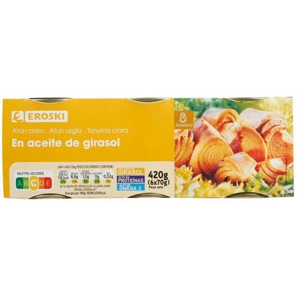 Atún claro en aceite de girasol EROSKI, pack 6x70 g - 0.42 kg - Imagen del producto en Findit