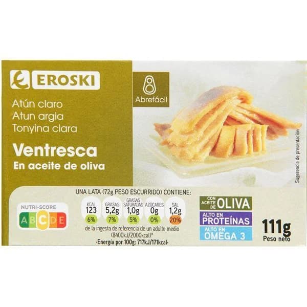 Ventresca de atún claro en aceite de oliva EROSKI, lata 111 g - 0.11 kg - Imagen del producto en Findit