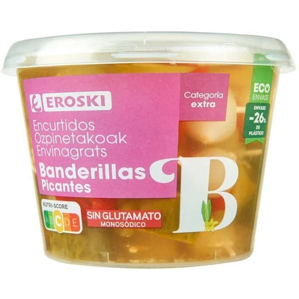 Banderillas picantes EROSKI, cubeta 250 g - 0.25 kg - Imagen del producto en Findit
